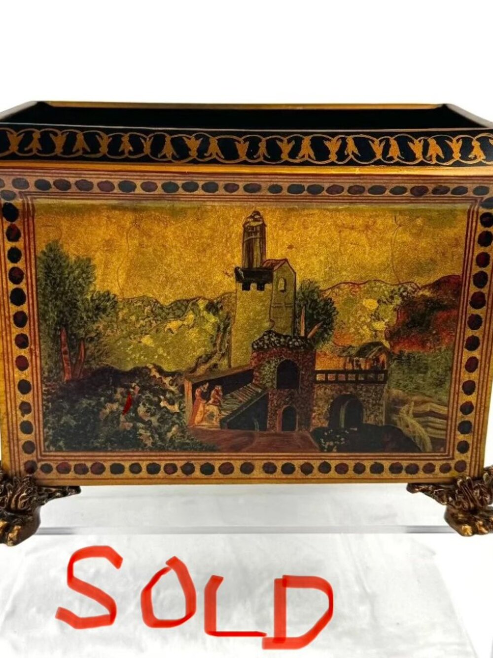 Decorative 6.5" Metal Planter Storage Box Brown Gold Landscape Scene Lion Feet